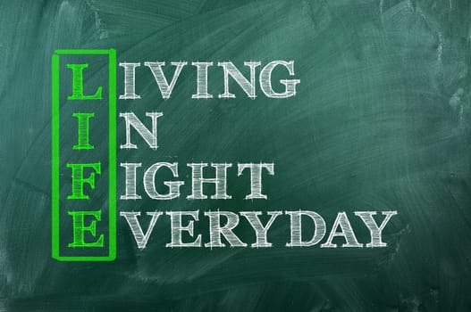 Acronym concept of Life  and other releated words on green chalkboard