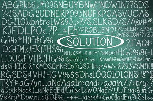 Solution concept in word tag cloud on green chalkboard