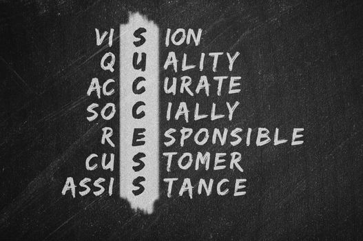 Success and other related words, handwritten in crossword on blackboard.Business concept. 