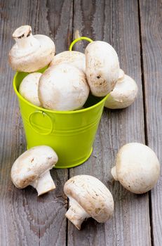 Big Raw Champignons in Green Bucket isolated on Rustic Wooden background