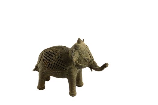 Cast Metal Statuette of Elephant with raised trunk isolated on white background with decorative designs is representative of traditional Bastar style of India