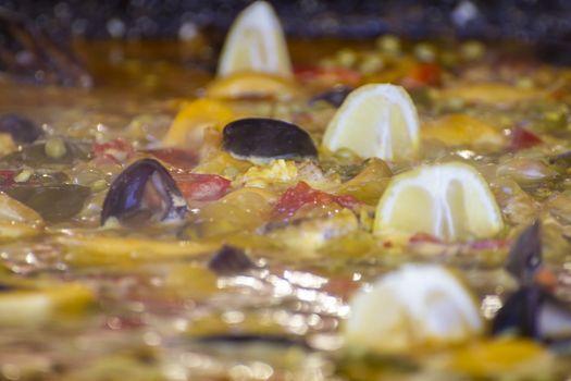 traditional Spanish paella, seafood and rice dish made ������with wood fire