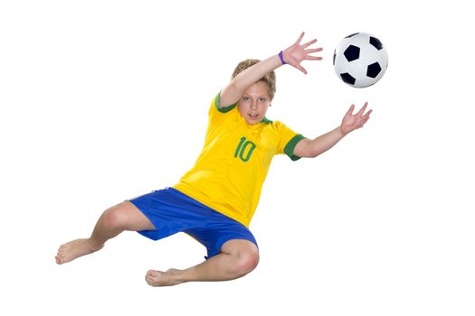 Brazilian Boy, jumping, keeper, yellow and blue