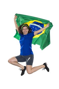 Brazilian female fan, jumping with flag