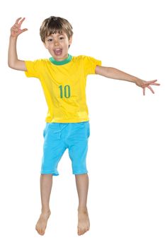 Brazilian Boy, jumping, yellow and blue