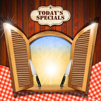 Wooden window with open shutters, empty parchment, two kitchen knives and label with "today's specials" title. On wooden wall with red and white tablecloth