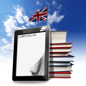 Black tablet computer with pages and word "learn english" on display, stack of books and british flag on a blue sky