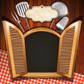 Wooden window (inside black) with open shutters, kitchen utensils and empty label on wooden wall with red and white tablecloth