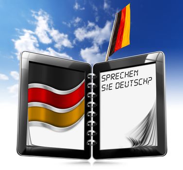 Black tablet computer with two pages and phrase "Sprechen Sie Deutsch?" on display and German flag on a blue sky