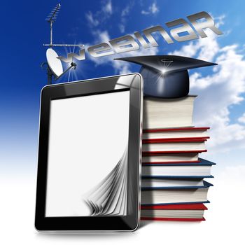 Black tablet computer with blank pages, antennas, stack of books, graduation hat and written "Webinar" on a blue sky