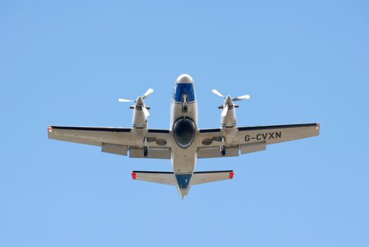 Farnborough, UK - July 16, 2010: Reims F406 Scottish fishery protection aircraft arriving as part of the static display at the Farnborough Airshow, UK