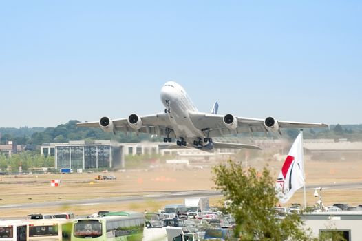 Farnborough, UK - July 20, 2010: Airbus A380 jet airliner on take-off as part of the daily flying display at the Farnborough Airshow, UK