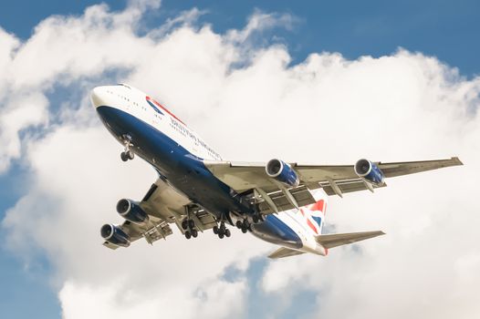 London, Heathrow, UK - October 30, 2012: British Airways Boeing 747 landing at London Heathrow Airport, UK