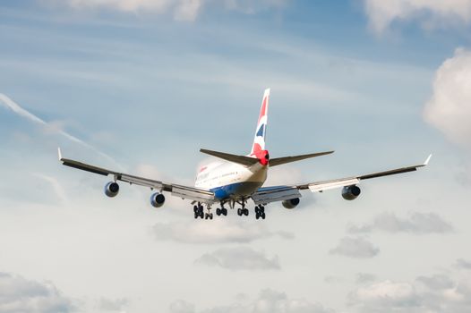 London, Heathrow, UK - October 30, 2012: British Airways Boeing 747 on landing approach to London Heathrow Airport, UK