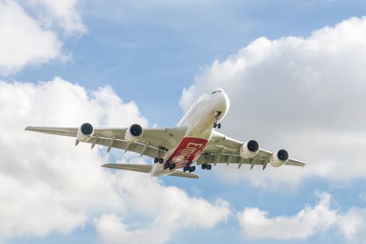 London, Heathrow, UK - October 30, 2012: Operated by (U.A.E.) Emirates airline, an Airbus A380 on landing approach to London Heathrow Airport, UK