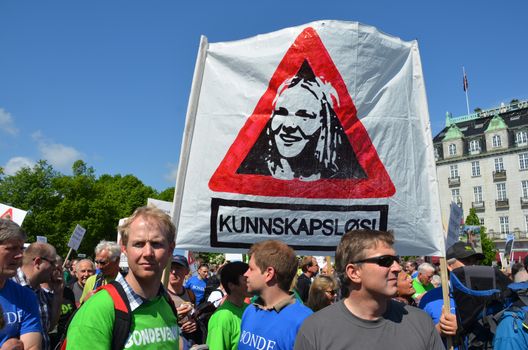 Norwegian farmers protest the Norwegian government's agricultural policies during a rally organized by Norwegian Agrarian Association (Norsk Bondelag) in Oslo. The banner is directed against Secretary of Agriculture, Sylvi Listhaug.