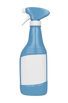 Blue spray bottle with empty label on white background