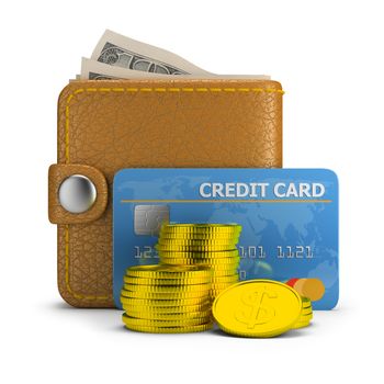 Concept of payment. Wallet with bills, credit card and coins. 3d image. White background.