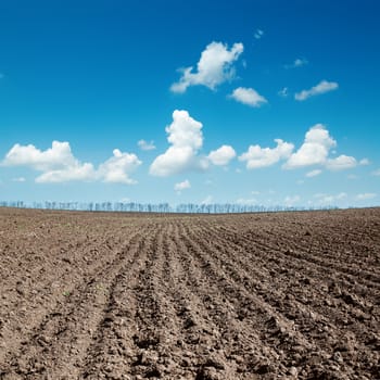 black plowed field after harvesting under blue sky