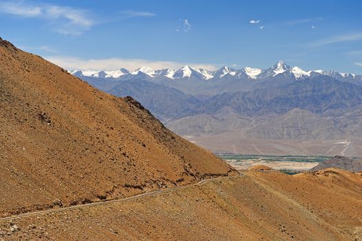Beautiful scenic view of Leh valley, Ladakh range, Jammu & Kashmir, Northern India