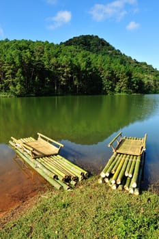 Bamboo raft on Pang Ung reservoir lake, Mae Hong son, Thaialand.