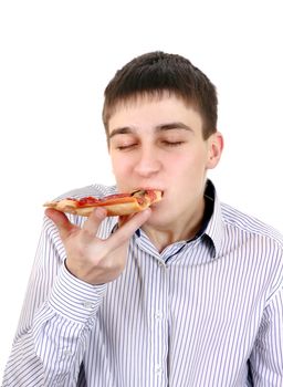 Teenager eat with pleasure Pizza Isolated on the White Background