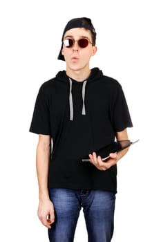 Teenager with Tablet Computer Isolated on the White Background