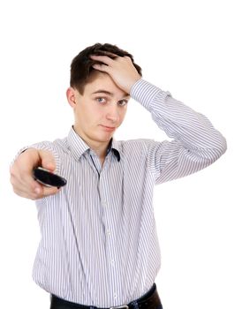 Sad Teenager with Remote Control on the White Background