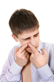 Teenager with Pimple Isolated on the White Background