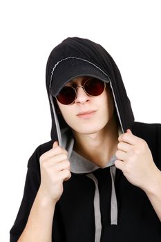 Teenager in Hood and Sunglasses Isolated on the White Background