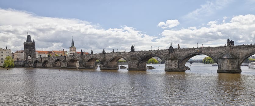 Prague Charles bridge, bridge tower and Old City