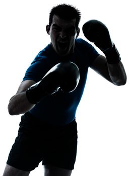 one  man exercising boxing boxer workout fitness in silhouette studio isolated on white background