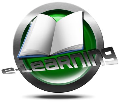 Metallic and green Icon or button with empty book and written "e-learning" - process of online learning