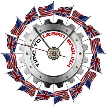 Metal clock gear-shaped with UK and US flags and phrase "Time to Learn English" on a white background
