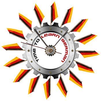 Metal clock gear-shaped with flags of Germany and phrase "Time to Learn German" on a white background