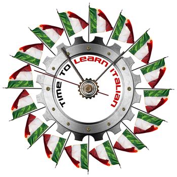 Metal clock gear-shaped with Italian flags and phrase "Time to Learn Italian" on a white background
