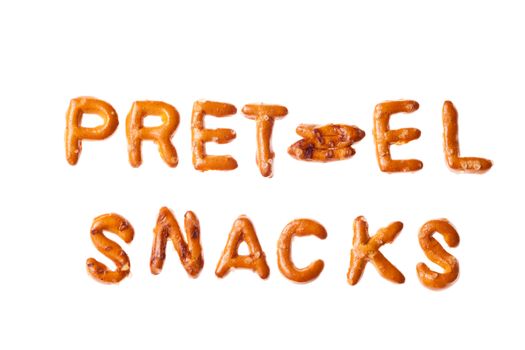 Words PRETZEL SNACKS written, laid-out, with crispy alphabet pretzels isolated on white background