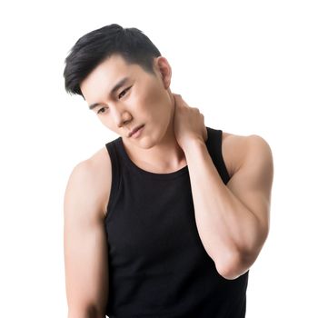 Asian young man with neck pain, closeup portrait.