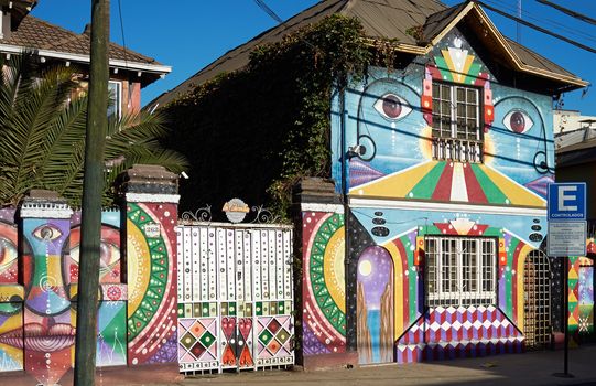 Brightly colored murals in Barrio Bellavista, Santiago, Chile. This neighborhood is renowned for its street art and for its many cafes, restaurants and bars.