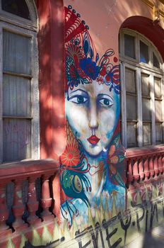 Brightly colored murals in Barrio Bellavista, Santiago, Chile. This neighborhood is renowned for its street art and for its many cafes, restaurants and bars.