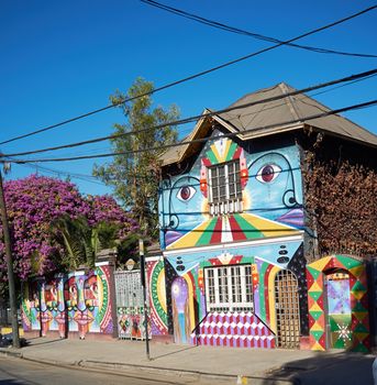 Brightly colored murals in Barrio Bellavista, Santiago, Chile. This neighborhood is renowned for its street art and for its many cafes, restaurants and bars.