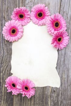 pink gerberas and empty sheet on a wooden board, vintage style