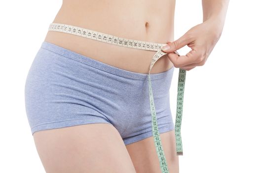 Aesthetic medicine, plastic surgery. Sexy young woman measuring her size with tape measure. Diet and weight loss.