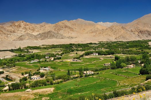 Beautiful scenic view of Leh valley, Ladakh range, Jammu & Kashmir, Northern India