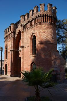 Fortified red brick gateway at Cerro Santa Lucia, a historic landscaped park in the centre of Santiago, Chile that marks the site of where the city was founded in 1541.