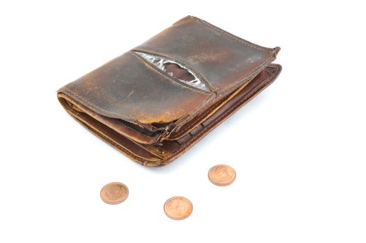 Old brown leather purse with three gold coins with white background.