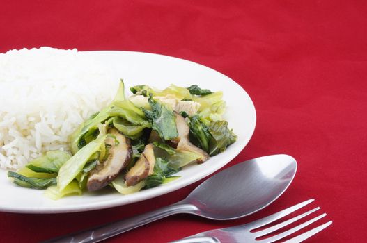 Stir-fried brassica with shitake mushrooms and tofu on a red background.