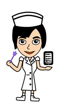 Smile black hair nurse holding violet scepter and tablet with white background.