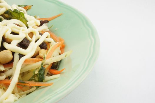 Healthy Salad consists apple carrots mango raisins nut  tomatoes and mayonnaise.