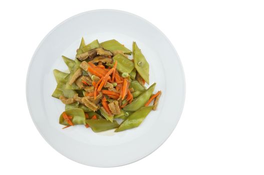 Green peas fried with carrot, mushroom and vegan protein on white dish with white background.